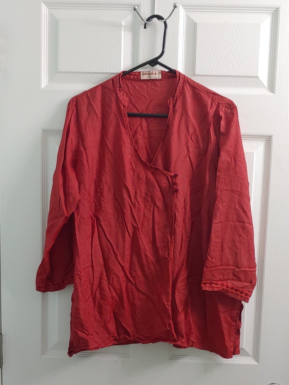 Fabinindia Women's XL Red Silk Tunic Shirt 3/4 Sleeves